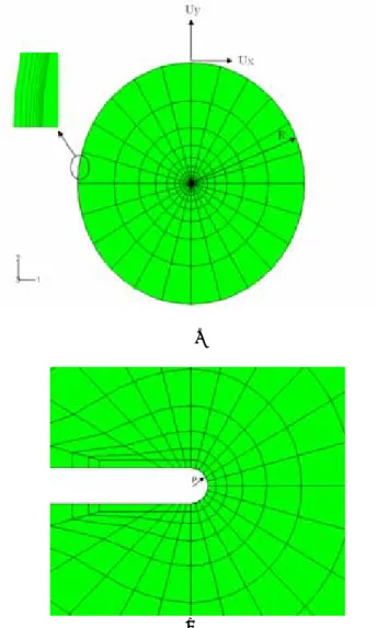 Fig. 1  Model of modified boundary layer formulation  치로  표현하였다.  모델의  두께는 20 ㎜이며  균 열길이 및 반경 R 은 300 ㎜이며 노치반경대 균열 길이 비  ρ / R = 1 / 100000 이다