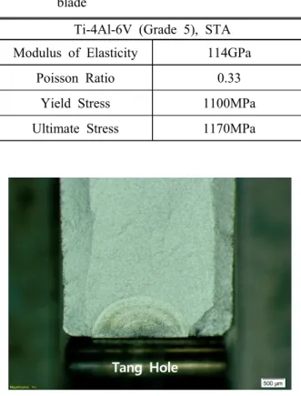 Fig. 1 Shape of J85 engine compressor 1st state  rotor blade and its tangs