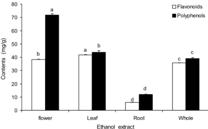 Fig. 1. Contents of total flavonoids and total polyphenols of ethanol extracts from different parts of Taraxacum officinale.