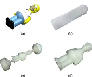 Fig. 10 Machining results of example model; (a)  input 3D shape model, (b) original workpiece before machining, (c) result of machining, (d) result of machining with support removed