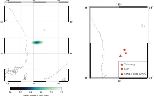 Fig. 2. Distribution of standard deviation of origin time (a) and estimated location of the  29 May 2004 offshore Uljin earthquake  (b).