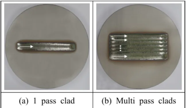 Fig. 4 Surface and cross section of multi pass clad  with overlapping ratio 