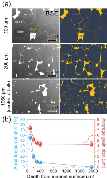 Fig. 12.  (Color online) (a) BSE images (lst-column) and schematic illustrations  tracing  TJP  and  GBP  (2nd-column)  of  TbH 2 -GBDP magnets observed at depths of 100, 200, and 1950 (centre of bulk) m from the magnet surface