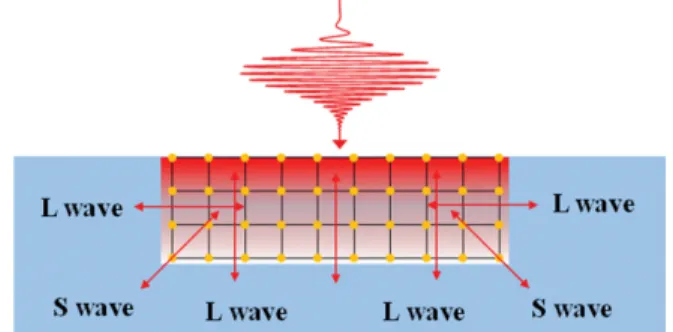 Fig.  9.  (Color  online)  Schematic  illustration  of  the  shear  wave generation in a crystal structure.