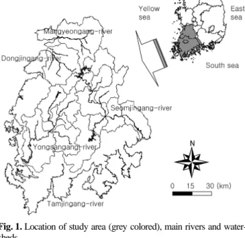 Fig. 1. Location of study area (grey colored), main rivers and water- water-sheds.