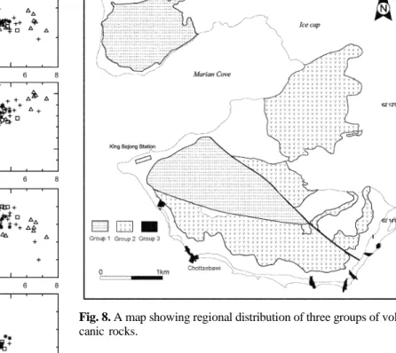 Fig. 8. A map showing regional distribution of three groups of vol- vol-canic rocks.