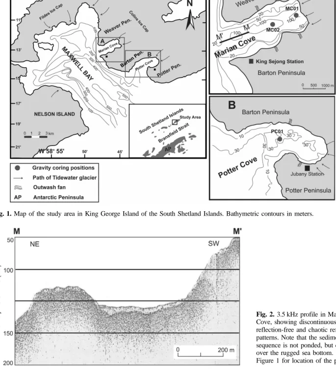 Fig. 2. 3.5 kHz profile in Marian  Cove, showing discontinuous, partly  reflection-free and chaotic reflection  patterns