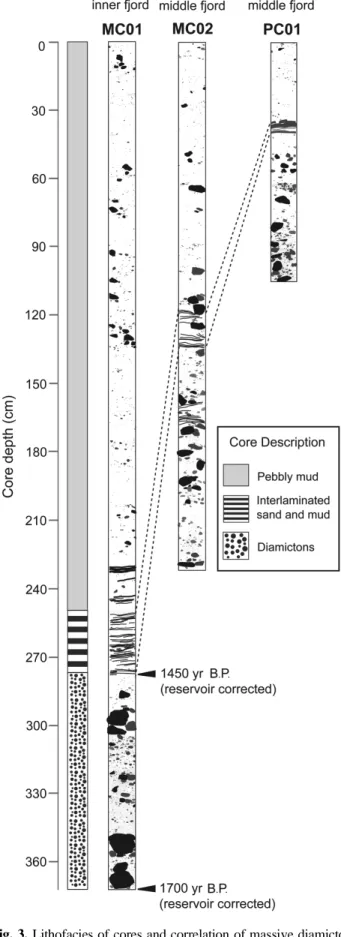 Fig. 3. Lithofacies of cores and correlation of massive diamicton units between the three sub-Antarctic fjord systems.