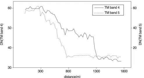 Fig. 3.  DN value profile of a transact (shown in Fig. 2) crossing from the exposed mudflat to seawater, obtained from band 4 and band 5 of the same TM scene.