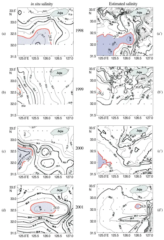 Fig. 10.  Distribution of surface salinity (psu) in August during 1998-2001. Measured field surface salinity in (a) 6- 6-8 Aug., 1996-8, (b) 12-20 Aug., 1999, (c) 4-6 Aug., 2000, (d) 17-23 Aug., 2001