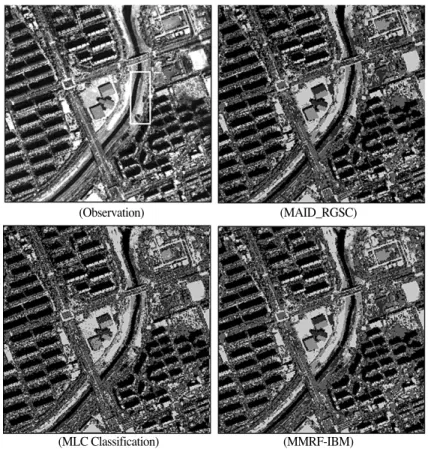 Fig. 9.  Results of classification for enlarged sub-area image of Fig. 8 (from left, Observation, MAID-RGSC, MLC, MMRF-IBM).