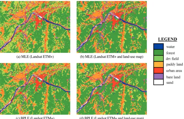 Fig. 3.  Land cover map of classification from MLE and BPLE using Landsat ETM+ and land-use data.