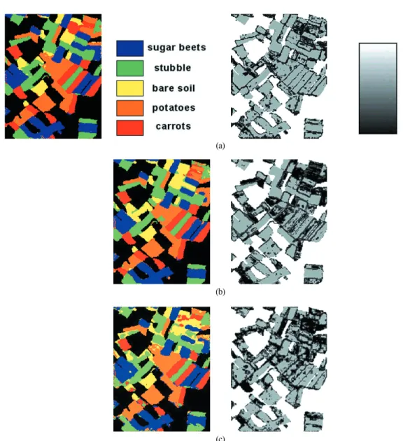Fig. 7.  Final classification results and discrimination capability maps; (a) all data, (b) ATM only, (c) C + L + P band.