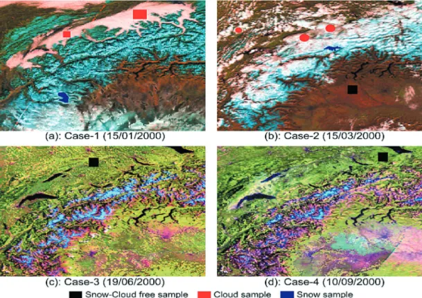 Fig. 2.  Images of four cases to testing cloud/snow discrimination: (a) 15 January; (b) 15 March; (c) 19 June; (d) 10 September, 2000.