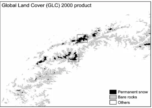 Fig. 3.  GLC 2000 (Global Land Cover 2000) product for study area. The classes except permanent snow and  bare  rocks  classes  were  agglomerated  to  a  class  namely  others