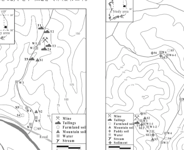 Fig. 2. Sampling location map in the vicinity of the Hwacheon Au-Ag-Pb-Zn mine.