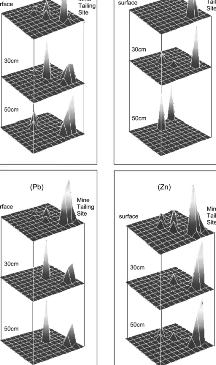 Fig. 5. Variation of elements in the soil solution extracted from the paddy soil with distance from mine tailing dumps and depth (Mine tailing sites are located on top right and the vertical scales are 10, 30 50 cm from top).