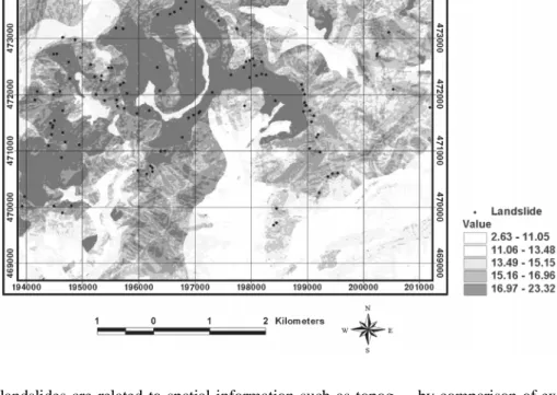 Fig. 4. Illustration of cumulative frequency diagram showing land- land-slide susceptibility index rank (x-axis) occurring in cumulative percent of landslide occurrence (y-axis).