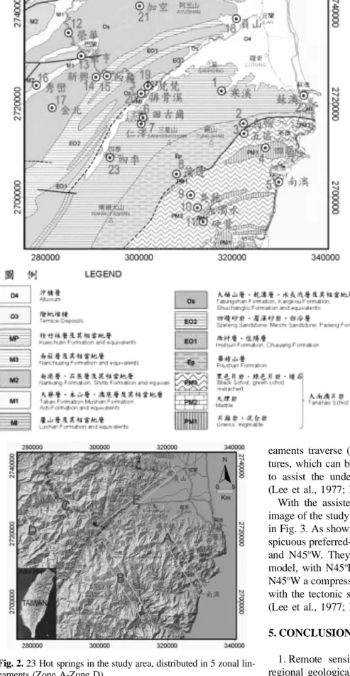 Fig. 2. 23 Hot springs in the study area, distributed in 5 zonal lin- lin-eaments (Zone A-Zone D).