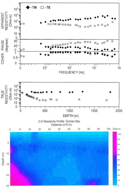 Fig. 3. Apparent resistivity (top window), impedance phase (second), coherency (third), and true resistivity (bottom) of the data recorded at site HJMT-4