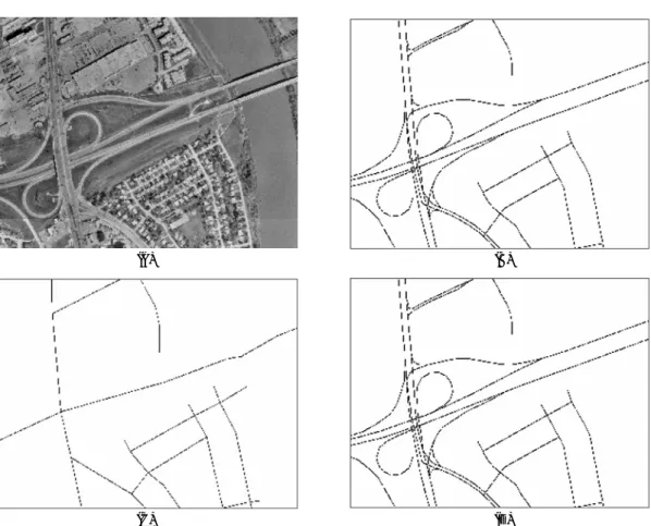 Fig. 4.  Types of road features using high-resolution satellite image (Han, 2001): (A) A sample image of IKONOS 1M, (B) Double centerline, (C) Single centerline, and (D) Foot-print type.