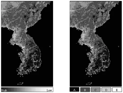 Fig. 1.  Image of estimated values (left) and classification image map (right) of mean index.