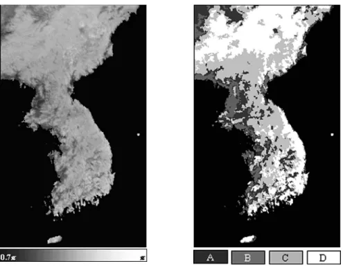 Fig. 3.  Image of estimated values (left) and classification image map (right) of phase index.
