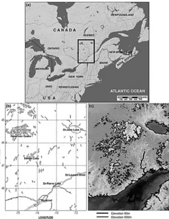 Fig. 1.  Maps of (a) eastern North America (b) enlarged study area(rectangle in (a)), and (c) its elevation: thick and thin  lines indicate 90m and 500m contours, respectively.