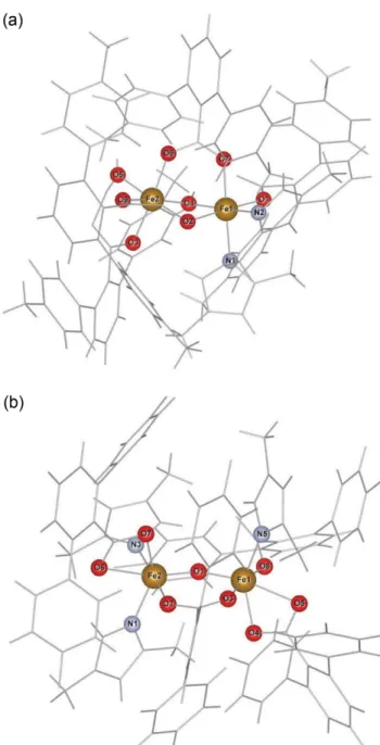 Fig. 1. (Color online) (a) The molecular structure of diiron-2. (b) The molecular structure of diiron-4.