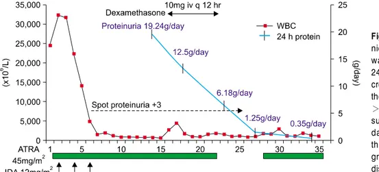 Fig. 2. Time sequence of cli- cli-nical features. Dexamethasone was started on day 15; the  24-hour proteinuria then  de-creased to 12.5g/day