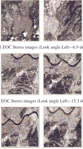 Fig. 1. KOMPSAT-1 EOC Stereo images (Look angle Left=-6.9 deg., Right=4.0 deg.) 