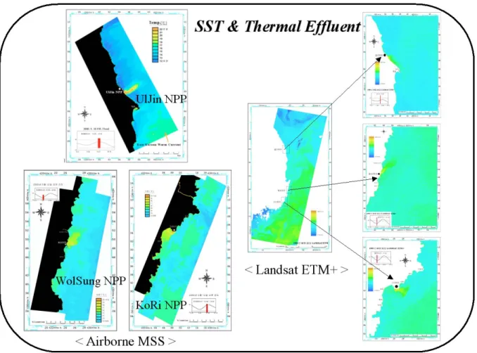 Figure 3. Map of thermal effluent discharged from NPPs acquired by Airborne MSS in the spring, 2000 and  Landsat ETM+ in the autumn, 1999