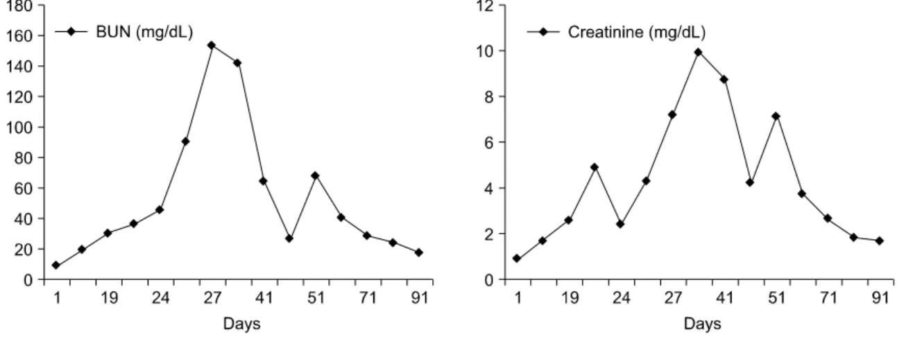 Fig. 1. The time course of change of BUN and creatinine during remission induction therapy.
