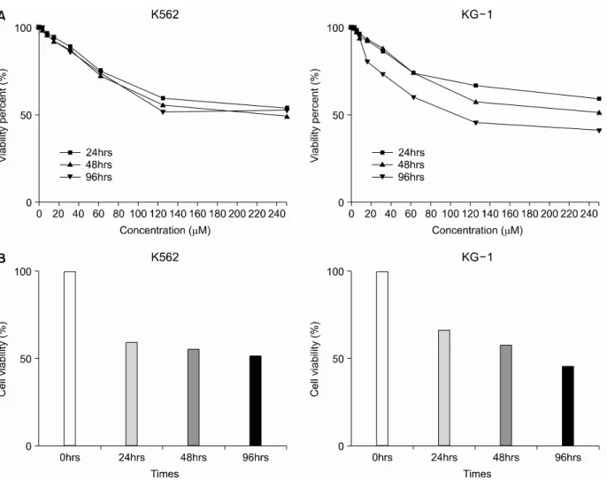 Fig. 2. Dose and tim e dependency of curcumin effect on the leukem ic cell line K562 and KG-1