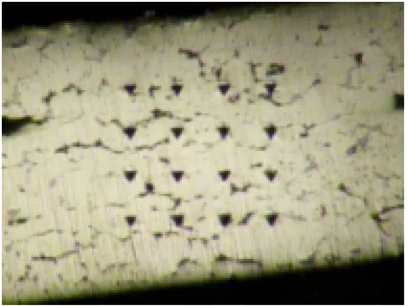 Fig. 3  Nanoindentation  marks on the foam cell  walls                                                  of alloy 322 foam, T = 800 o C / t = 4.5 min 