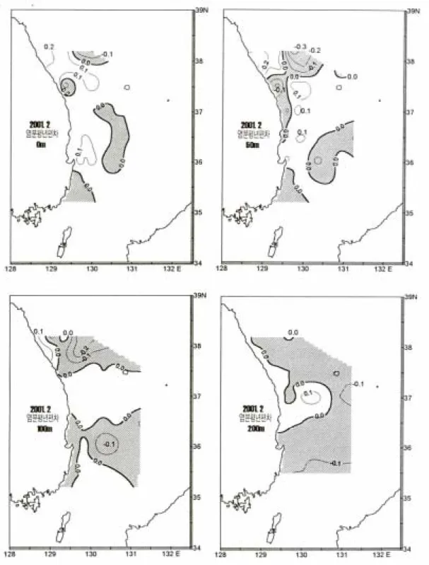 그림  6.  2001년  2월  동해의  염분  평년편차도(빗금  부분은  평년보다  낮은  해역).