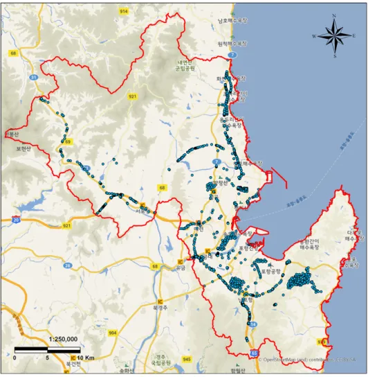 Fig. 1. Pohang area and locations of borehole data