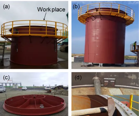 Fig. 5. Manufactured 5m diameter steel cofferdam: (a) upper part; (b) lower part; (c) top lid; (d) guide key at the connection part