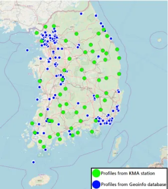 Fig. 1. Location of V S  profiles collected1.  서  론암반은 심층에서 천층으로 갈수록 낮은 압력,  절리 등에 의해 낮은 전단파속도(VS)를 갖는다