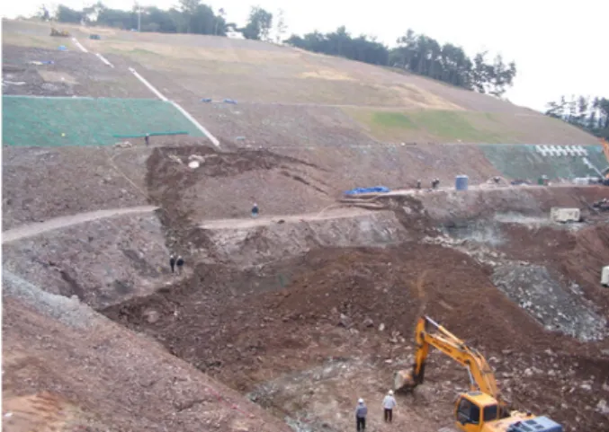 Fig. 2. slope failure in cut slope of rail road감소하며,  쌍곡선법(hyperbolic law)으로 임의 시간의 역학적 특성을 구할 수 있는 식 (4)를 제안하였다(Sandrone and Labious, 2010).    ∙     (4)