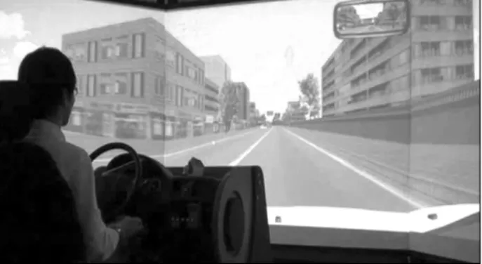Fig.  1.  Virtual  reality  driving  simulator.의하게 나은 결과를 보였으며,  가상현실 치료 후 기능적 자기공명영상에서 병변반대측(contralesional) 운동피질의 활성화가 감소되고 병변측(ipsilesional)  피질의 활성화가 증가하여 병변측 피질 쪽으로 편재화(lateralization)가 증가되는 변화를 보였다
