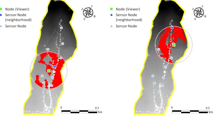 Fig. 10. Viewshed analysis on two node points (R = 100 m)