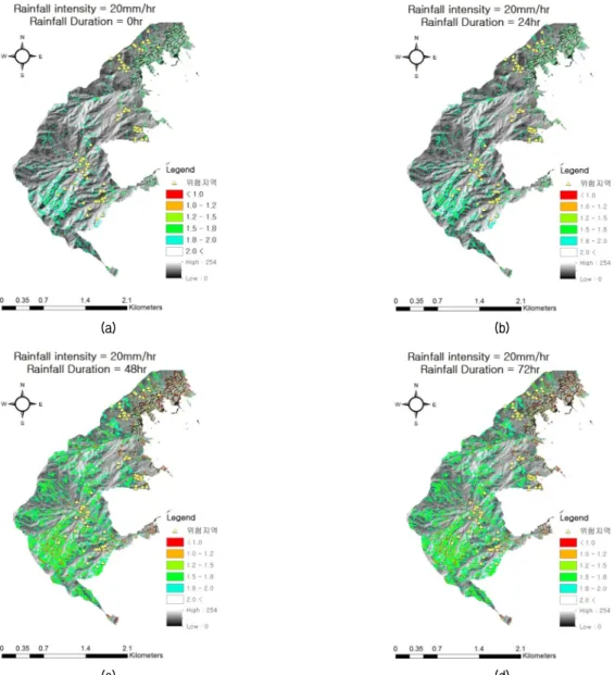 Fig. 13. FS distribution in studied area at various duration time (rainfall intensity = 20 mm/hr)