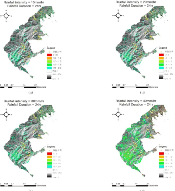 Fig. 14. FS distribution in studied area at various rainfall intensity (duration time = 24 hr)