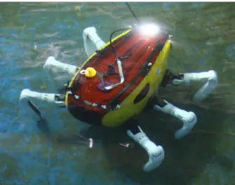 Fig. 1 Multi-legged subsea walking robot, Crabster  이러한  수중  보행로봇  크랩스터의  개발에  필요한  핵심기술  중  하나는  수중에서  조류를  만났을  때,  조류에  의해  로봇이  전복되지  않도록  자세를  제어하는  기술이다