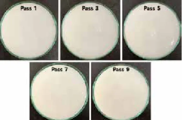 Fig. 6.   FE-SEM  images  of  CNF  made  from  PB-BKP  depending  on  the  pass  number  of  mi- mi-cro-grinding.