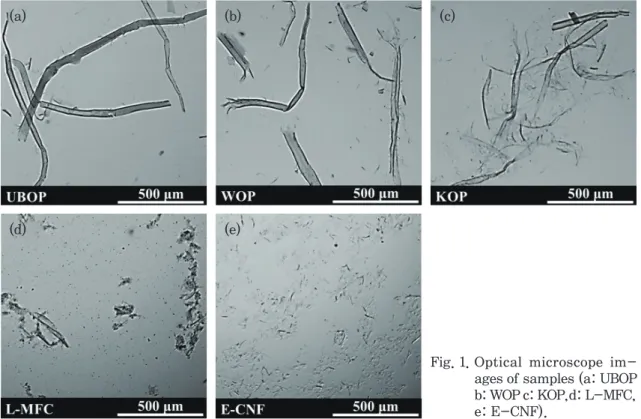 Fig. 1.   Optical  microscope  im- im-ages of samples (a: UBOP  b: WOP c: KOP,d: L-MFC,  e: E-CNF).