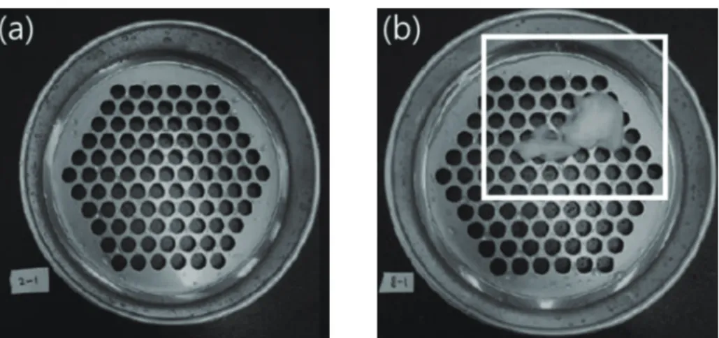 Fig. 2.   Examples of residue on the sieve. (a) example of 100 % disintegration;  