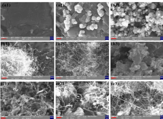 Fig.  4  SEM  images  of  carbon  samples  produced  from  various  hydrocarbons  at  different  temperature  (stated  in  Fig