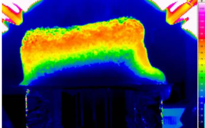 Fig. 10 Temperature visualization on the surface of fire- fire-protection foam ( X exp =29.6,  q =12 kW/m'' 2 )
